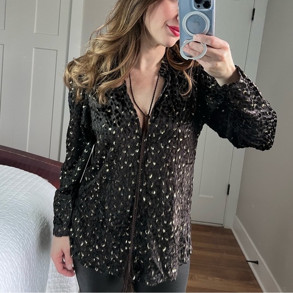 A.L.C. Ophelia Black Velvet Print Sheer Blouse  Top in Carob Metallic,Size 6 NWT - Picture 1 of 16